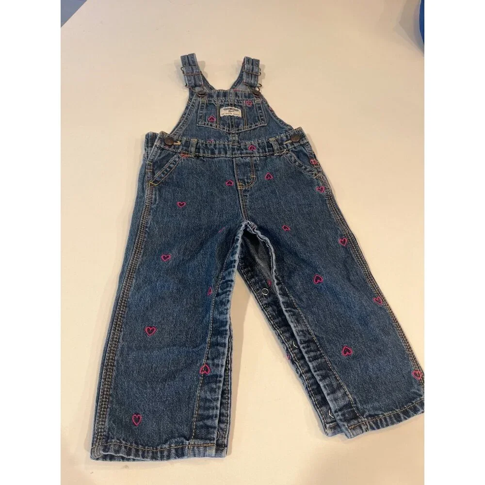 OshKosh Bgosh Baby Girls 18M Denim Overalls With Pink Heart Embroidery